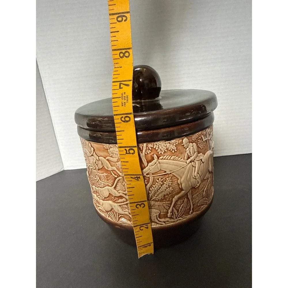 Vintage Ceramic Fox Hunt Scene Canister Lidded Jar Equestrian Relief Brown